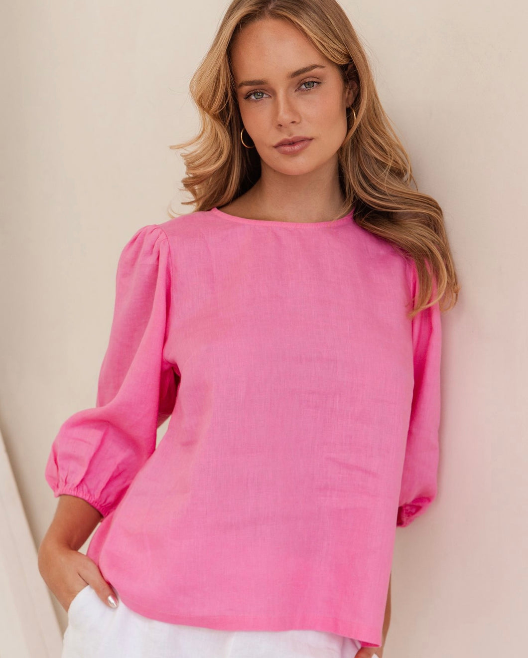 Kaleido - Ladies 100% Linen Elbow Sleeve Shirt - PINK