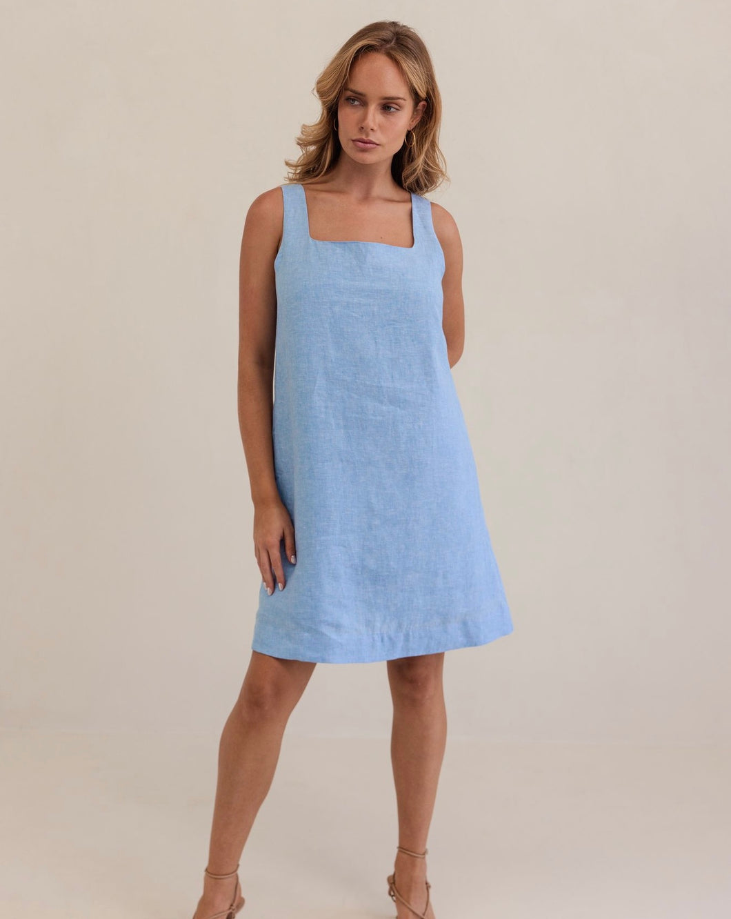 Kaleido - Ladies 100% Linen Square Neck Shift Dress - CHAMBRAY