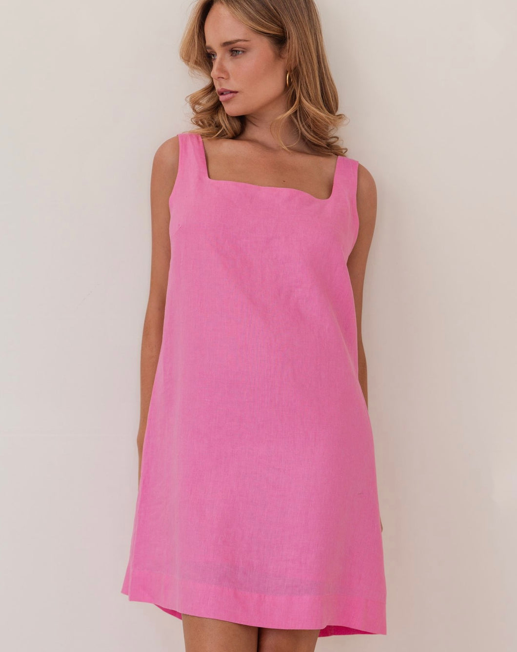 Kaleido - Ladies 100% Linen Square Neck Shift Dress - PINK