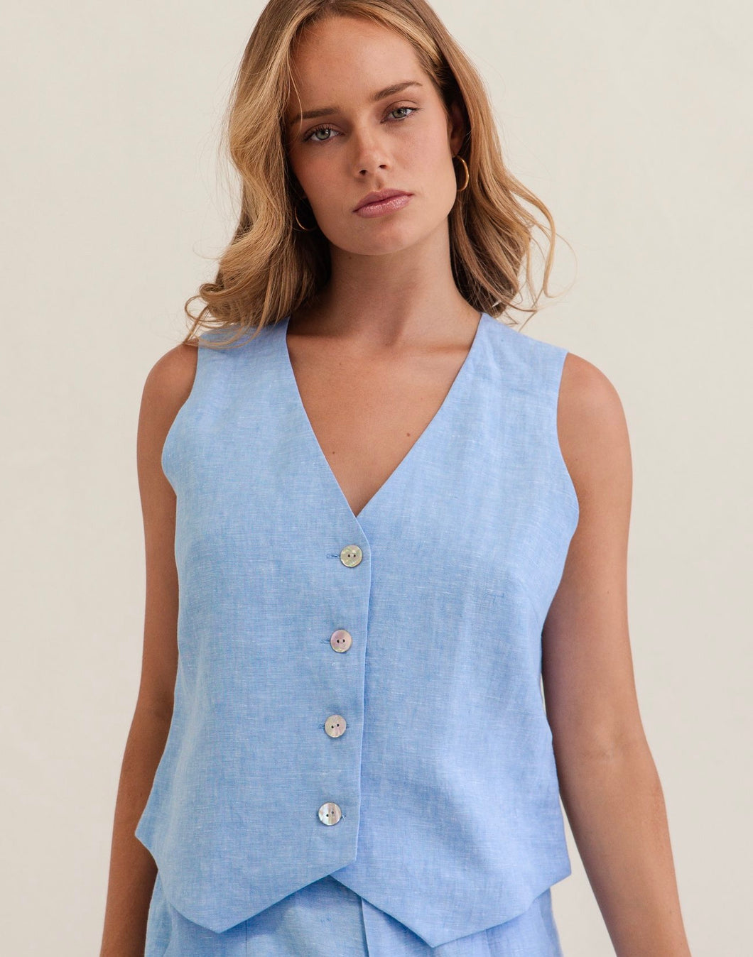 Kaleido - Ladies 100% Linen Button Front Vest - CHAMBRAY