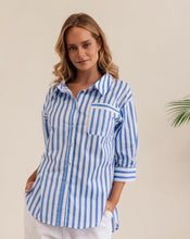 Load image into Gallery viewer, Kaleido - Ladies 100% Cotton 3/4 Sleeve Collared Shirt - BLUE / WHITE STRIPE
