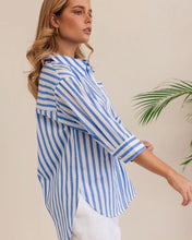 Load image into Gallery viewer, Kaleido - Ladies 100% Cotton 3/4 Sleeve Collared Shirt - BLUE / WHITE STRIPE
