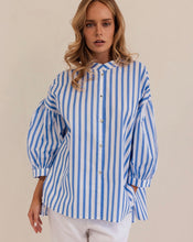 Load image into Gallery viewer, Kaleido - Ladies 100% Cotton Gathered Sleeve Shirt - BLUE / WHITE STRIPE
