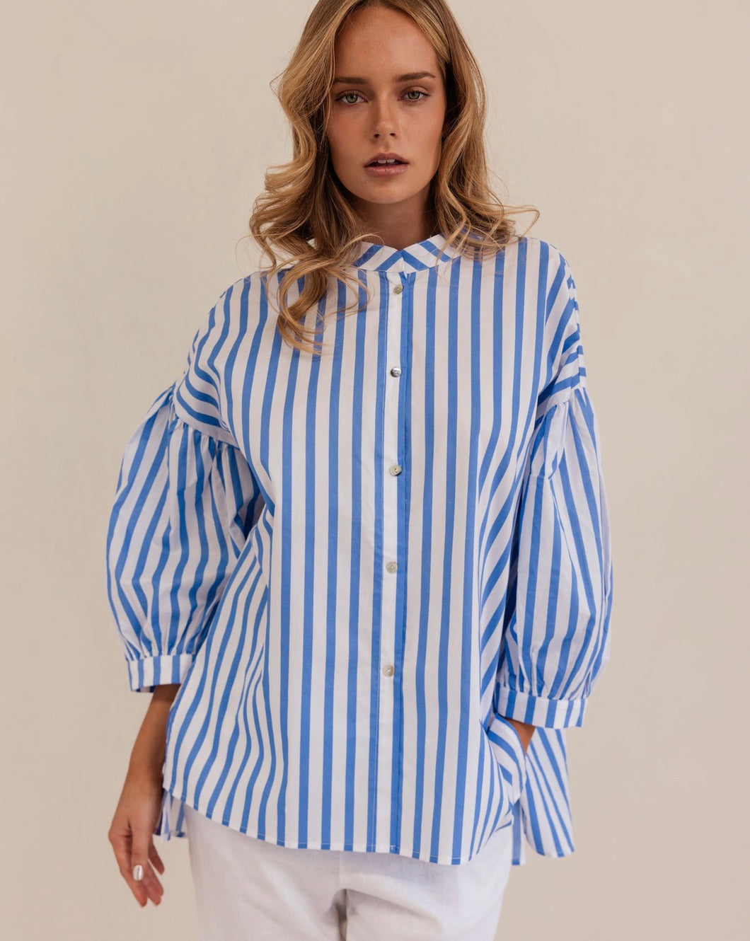 Kaleido - Ladies 100% Cotton Gathered Sleeve Shirt - BLUE / WHITE STRIPE
