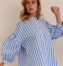 Load image into Gallery viewer, Kaleido - Ladies 100% Cotton Gathered Sleeve Shirt - BLUE / WHITE STRIPE
