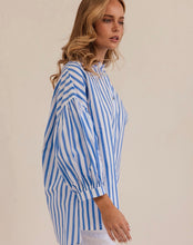 Load image into Gallery viewer, Kaleido - Ladies 100% Cotton Gathered Sleeve Shirt - BLUE / WHITE STRIPE
