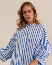 Load image into Gallery viewer, Kaleido - Ladies 100% Cotton Gathered Sleeve Shirt - BLUE / WHITE STRIPE

