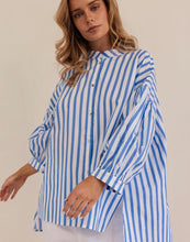 Load image into Gallery viewer, Kaleido - Ladies 100% Cotton Gathered Sleeve Shirt - BLUE / WHITE STRIPE
