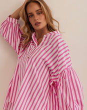 Load image into Gallery viewer, Kaleido - Ladies 100% Cotton Gathered Sleeve Shirt - PINK / WHITE STRIPE
