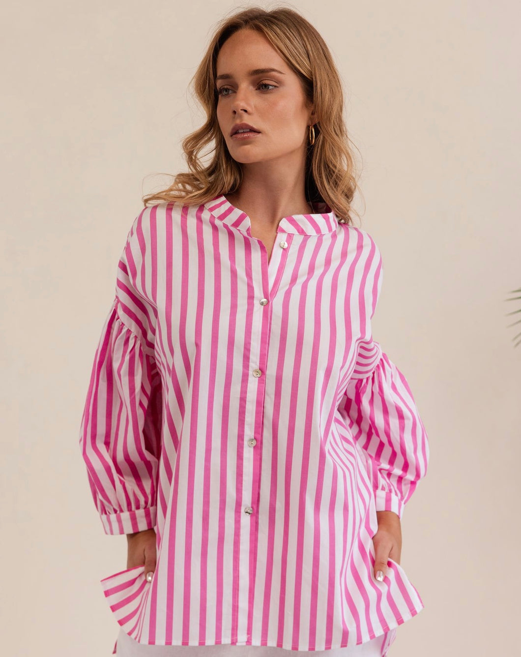 Kaleido - Ladies 100% Cotton Gathered Sleeve Shirt - PINK / WHITE STRIPE