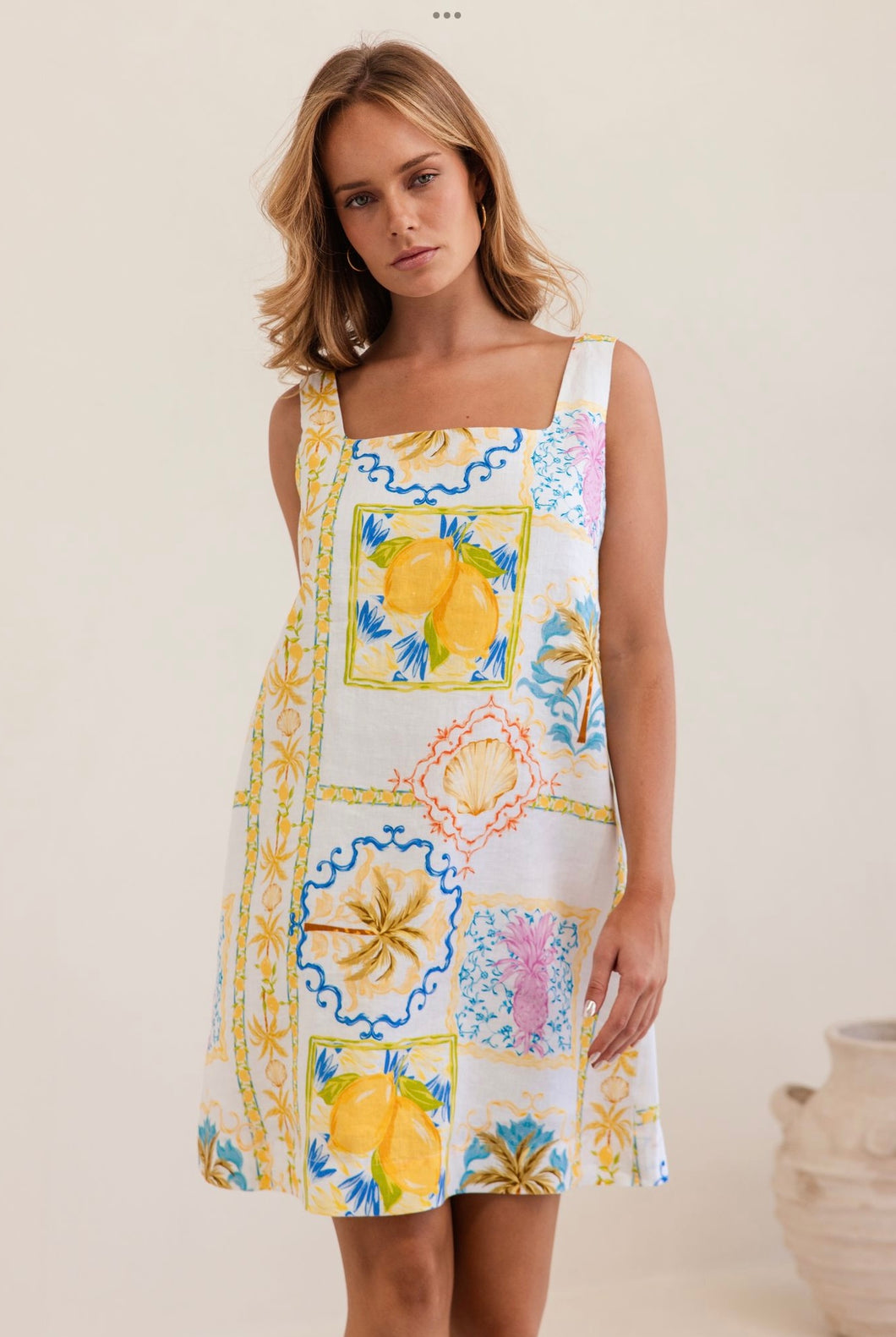 Kaleido - Ladies 100% Linen Square Neck Shift Dress - AMALFI DREAMS