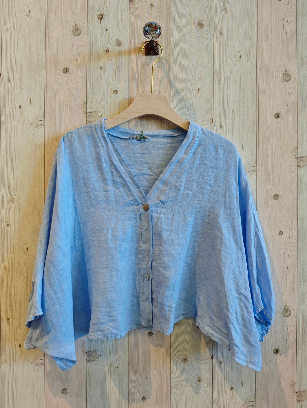 Linen - Ladies Short Elbow Sleeve Blouse - 100% Linen Heavenly Blue