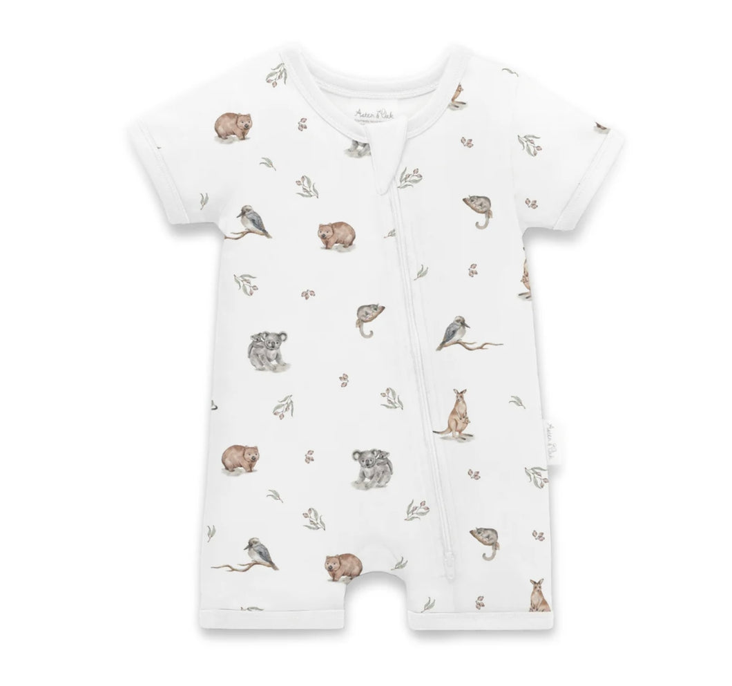 Aster & Oak - Native Animals Short Sleeve Zip Romper