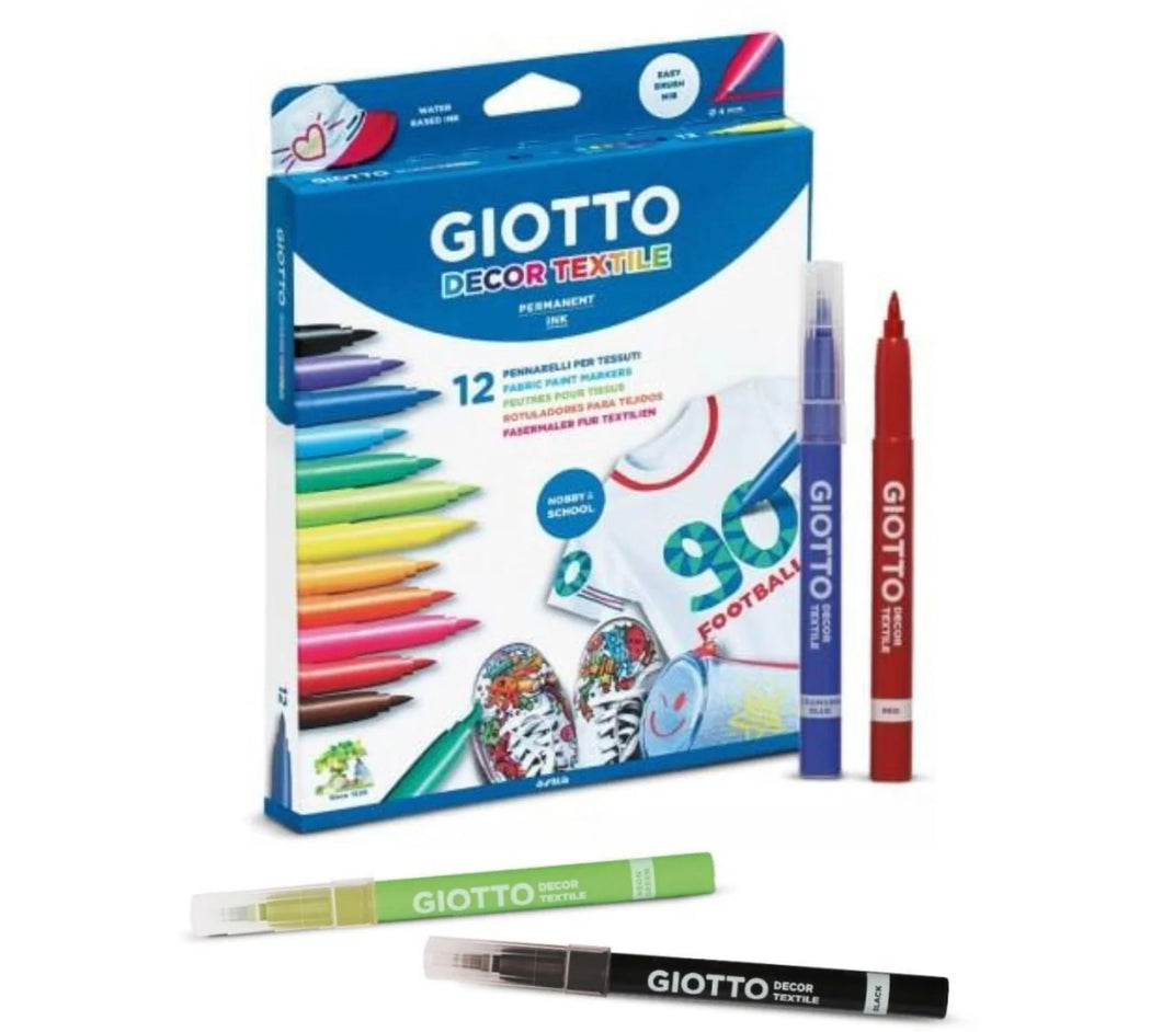 GIOTTO - Decor Textile Felt Tip Pens - Permanent Ink, 12 Colours