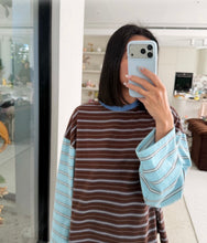 Load image into Gallery viewer, Tiny Trove - Women's Kennedy Stripe Long Sleeve Tee - Cocoa/Blue Stripe

