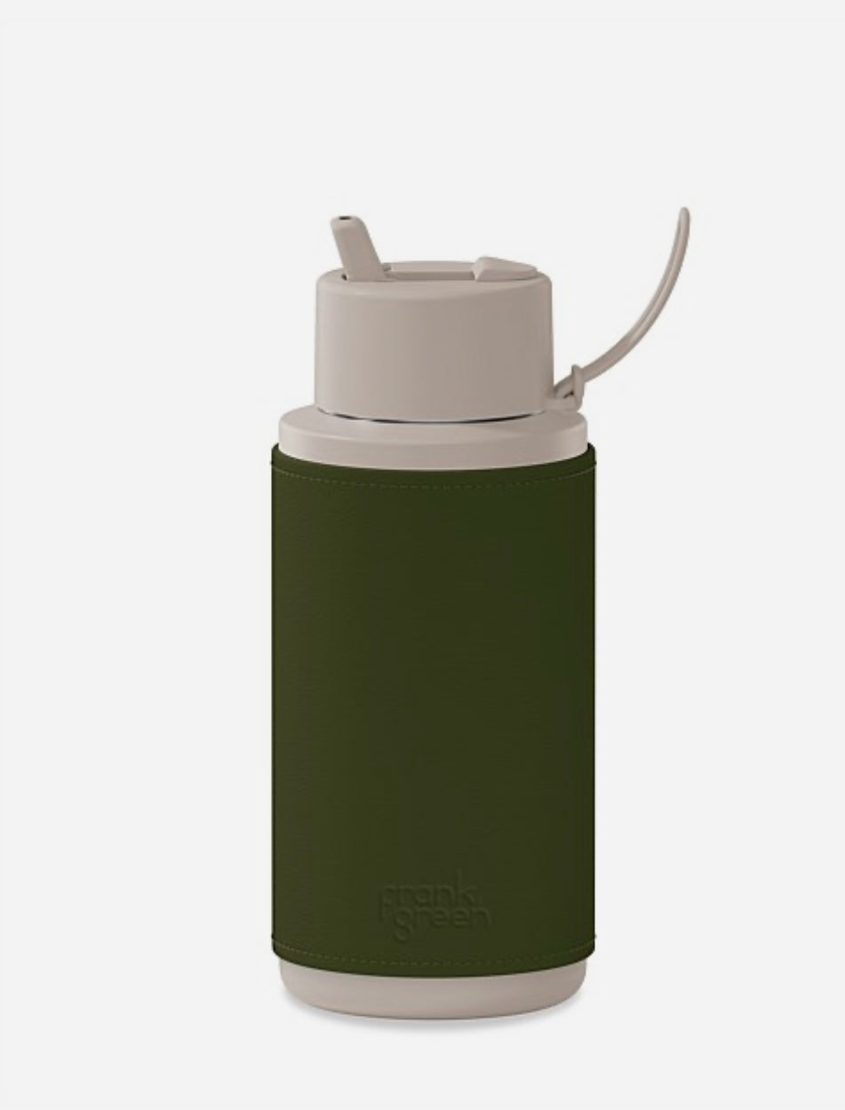Frank Green - Insulated Drink Bottle 1L - Moon Dust & Khaki Cactus Leather Sleeve